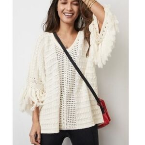 CAbi Fringe Fiesta Poncho Oversized White Knit Top